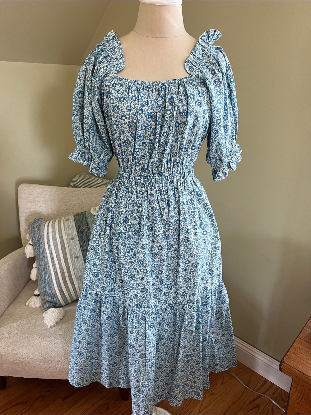 Sea New York Blue Floral Smocked Midi Off Shoulder Boho Dress XS